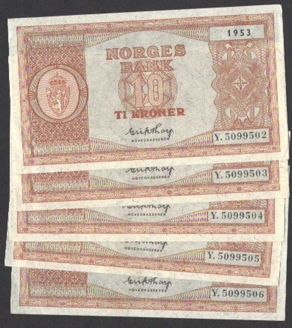 Hovedbilde 10 kr 1953 Y Kv s0/01 (Y.5099502-06) 5 i rekke