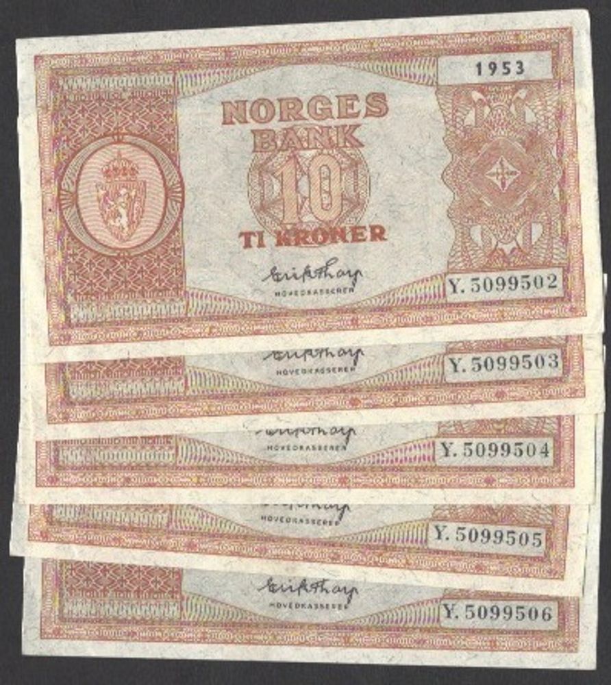 10 kr 1953 Y Kv s0/01 (Y.5099502-06) 5 i rekke