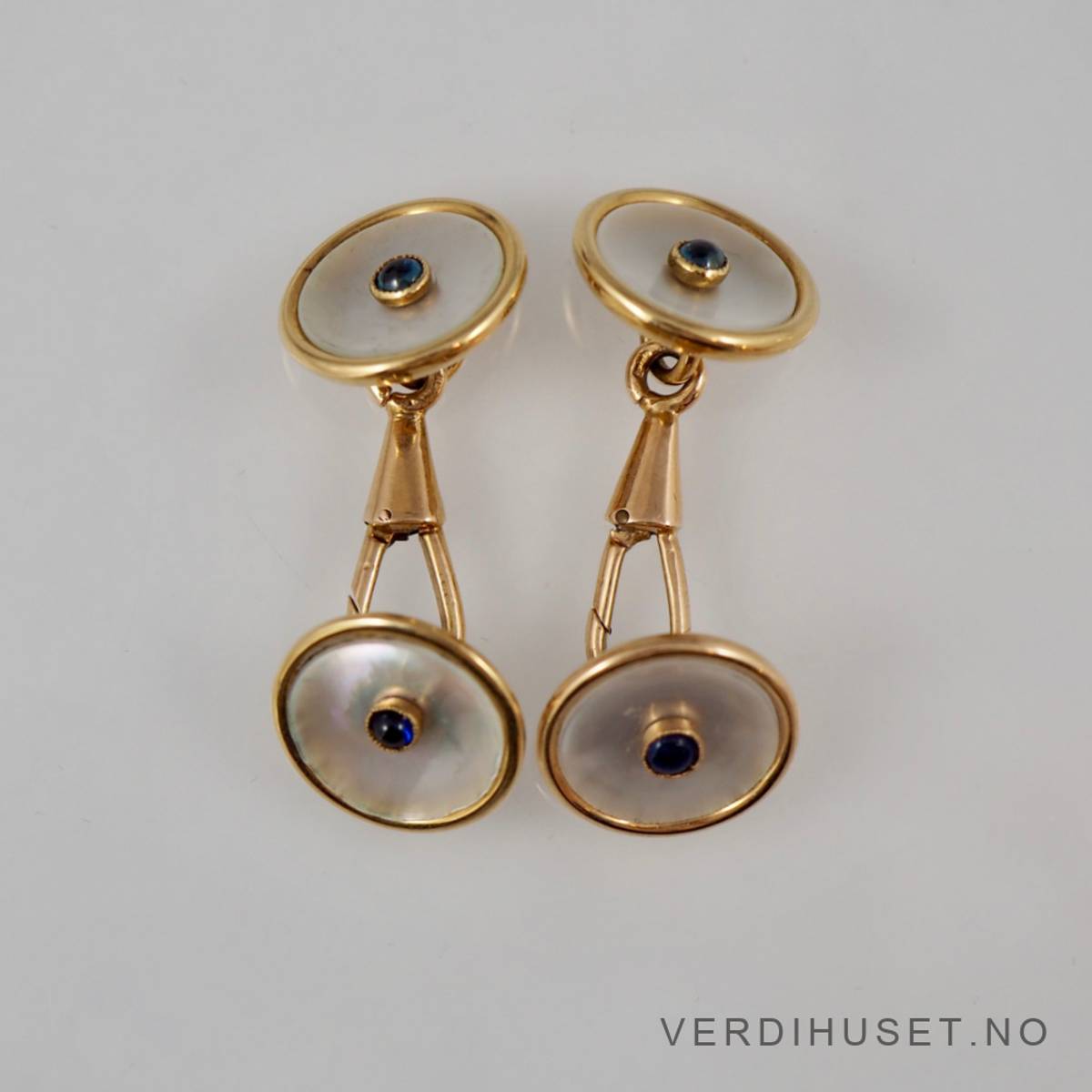 Mansjettknapper i 14 K gull med perlemor og blå stener