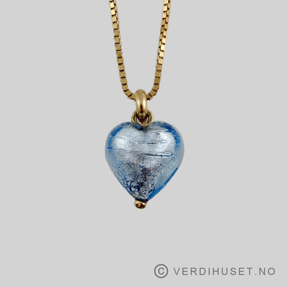 Anheng/Hjerte i glass med 14 K gull