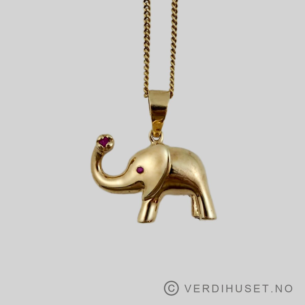 Anheng i 10 K gull med røde stener - Elefant