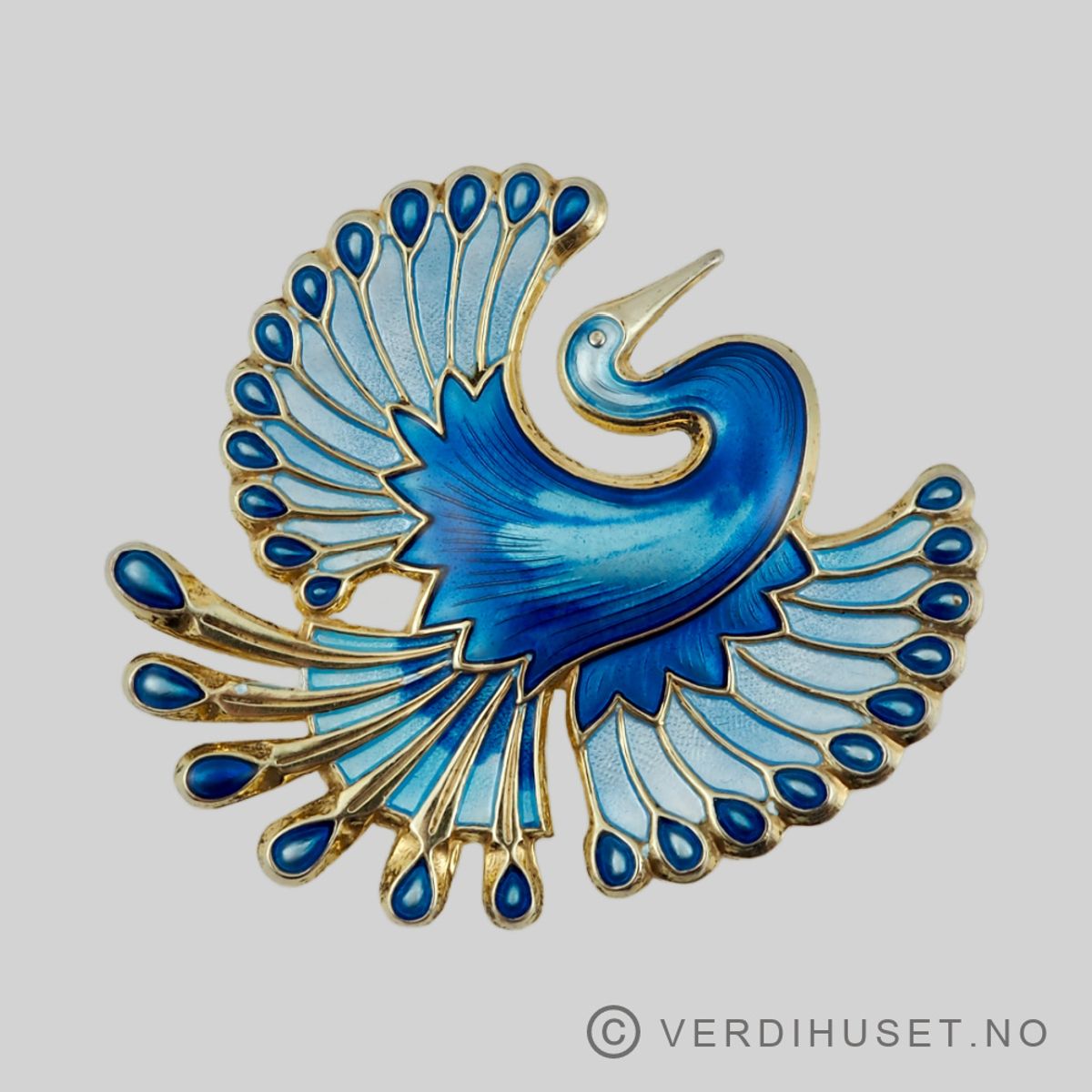 Brosje/Påfugl i forgylt sølv med blå emalje - D-A