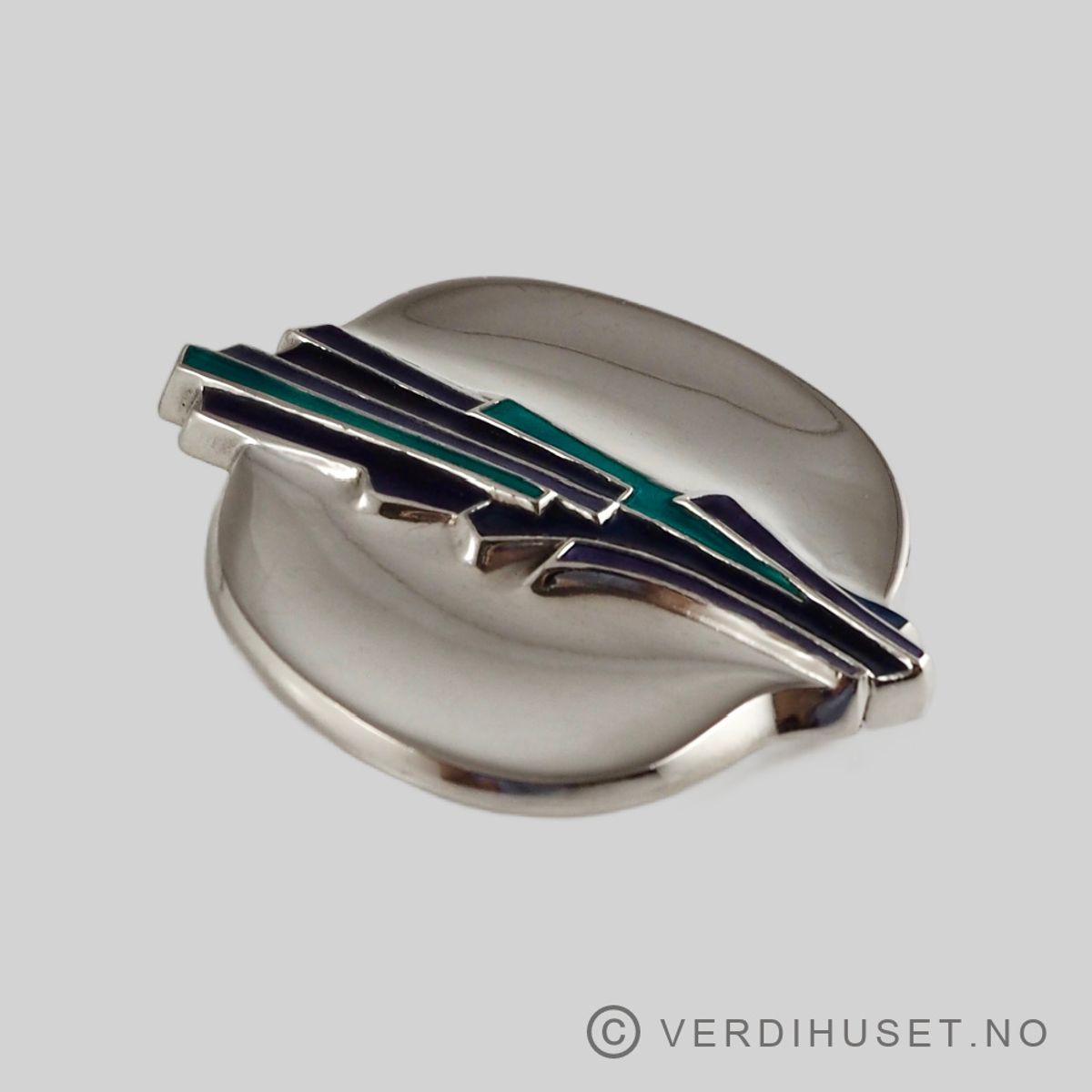 Brosje/Anheng i sølv med lilla og grønn emalje - D-A