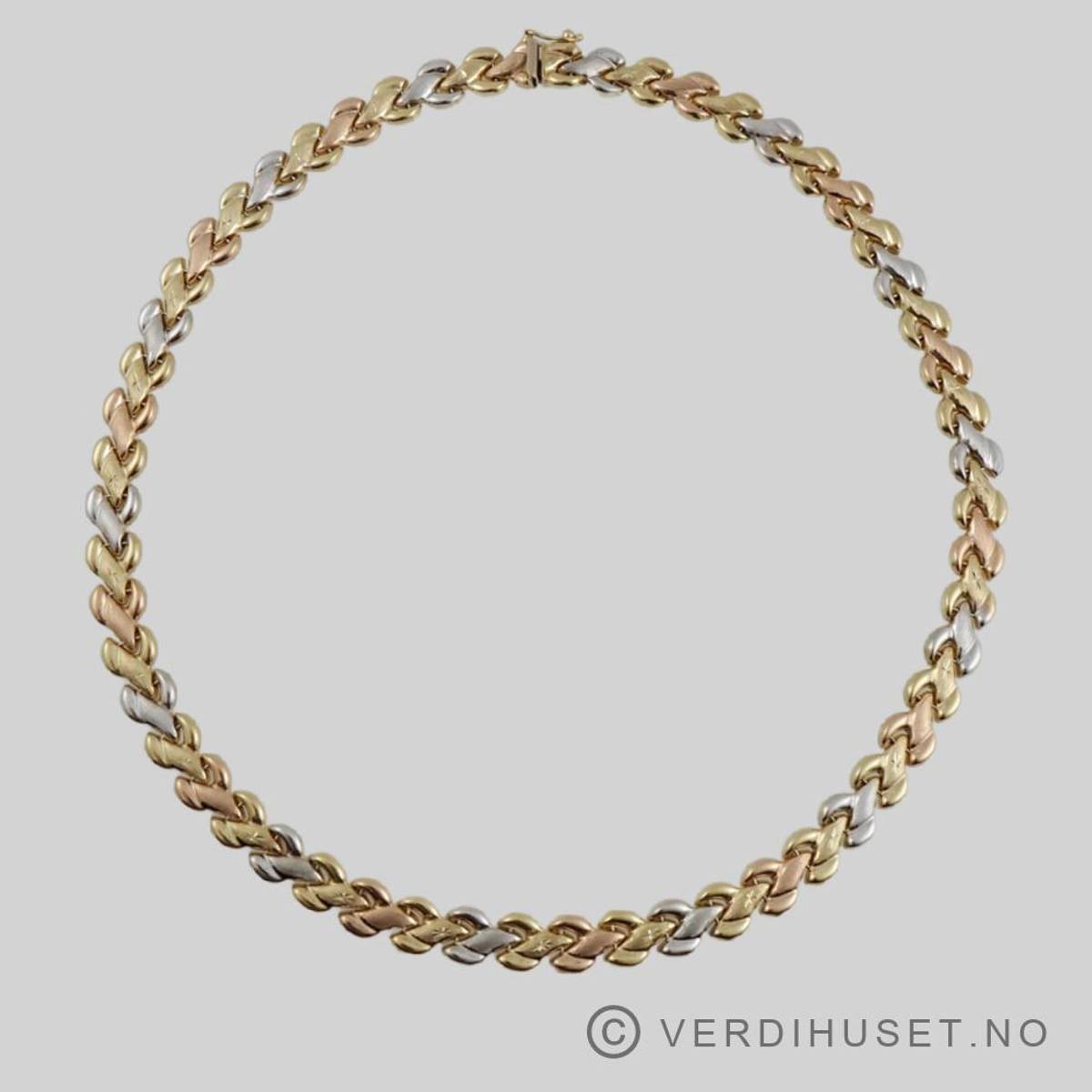 Halssmykke i 14 K rødt, hvitt og gult gull