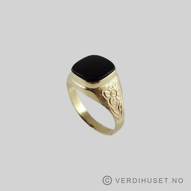 Hovedbilde Herre-ring i 14 K gull med siselering og sort ...