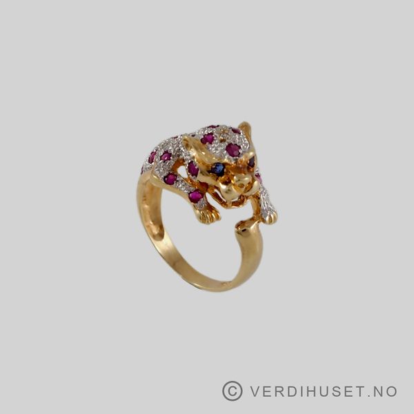 Hovedbilde Ring i 14 K gull med røde og blanke stener
